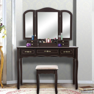 Top rated youke vanity set tri folding necklace hooked mirror 7 drawers makeup dressing table with cushioned stool easy assemblebrown