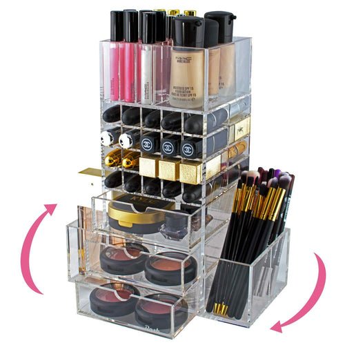 Purchase spinning makeup organizer rotating tower acrylic all in one lipstick lip gloss makeup brush holder drawers pockets for eyeshadows compacts blushes powders perfume