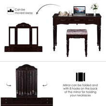 Load image into Gallery viewer, Cheap homecho vanity table set with 7 drawers and 6 makeup organizers removable tri folding mirror and 8 necklace hooks with cushioned stool dark espresso hmc md 010