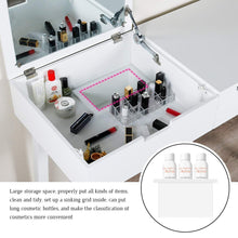 Load image into Gallery viewer, Storage organizer vanity set with dressing table flip top mirror organizer cushioned stool makeup wooden writing desk 2 drawers easy assembly beauty station bathroom white