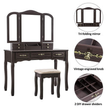 Load image into Gallery viewer, Amazon youke vanity set tri folding necklace hooked mirror 7 drawers makeup dressing table with cushioned stool easy assemblebrown