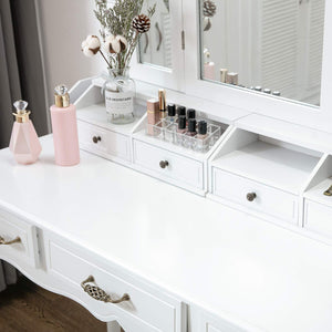 Organize with honbay vanity set tri folding necklace hooked mirror 7 large drawers free organizer 2 makeup brush holders makeup dressing table with cushioned stool for women girls white