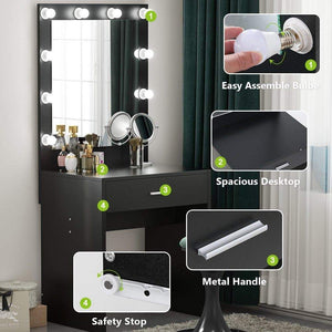 Buy now tribesigns vanity set with lighted mirror makeup vanity dressing table dresser desk with large drawer for bedroom black 10 cool led bulbs