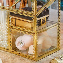 Load image into Gallery viewer, Amazon putwo makeup organizer handmade vintage brass edge makeup brush holder glass makeup brushes storage cosmetic organizer makeup vanity decoration jewelry box make up brushes holder with free pearls