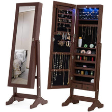 Load image into Gallery viewer, Top mecor jewelry armoire led standing mirrored jewelry cabinet organizer storage lockable full length mirror makeup box w 2 drawers 5 shelves 3 adjustable angle brown