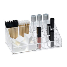 Load image into Gallery viewer, Purchase acrylic makeup organizer and holder storage for make up brushes lipstick and cosmetic supplies fits on counter top vanity or desk clear