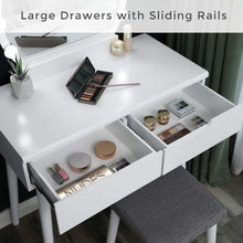 Load image into Gallery viewer, Storage organizer vasagle vanity table set with 10 light bulbs and touch switch dressing makeup table desk with large round mirror 2 sliding drawers 1 cushioned stool for bedroom bathroom white urdt11wl