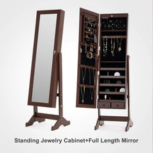 Load image into Gallery viewer, Best mecor jewelry armoire led standing mirrored jewelry cabinet organizer storage lockable full length mirror makeup box w 2 drawers 5 shelves 3 adjustable angle brown