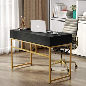 Top tribesigns computer desk modern simple home office gold desk study table writing desk workstation with 2 storage drawers makeup vanity console table 47 inch black