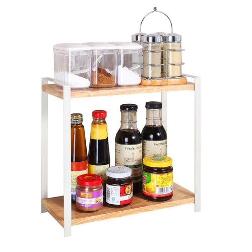 Garwarm 2-Tiers Kitchen Natural Wooden Spice Rack/Standing Rack/Kitchen Bathroom Bedroom Countertop Storage Organizer Spice Jars Bottle Shelf Holder Rack