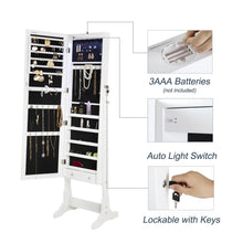 Load image into Gallery viewer, Top finnhomy lockable mirrored jewelry armoire storage organizer free standing makeup cabinet holder w led light stand for ring necklace earring cosmetics broach bracelet white