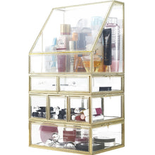 Load image into Gallery viewer, Exclusive spacious palette storage stunning large glass beauty display cosmetics makeup organizer vanity holder with slanted front open lid cosmetic storage for makeup brushes perfumes skincare in gold