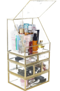 Explore spacious palette storage stunning large glass beauty display cosmetics makeup organizer vanity holder with slanted front open lid cosmetic storage for makeup brushes perfumes skincare in gold