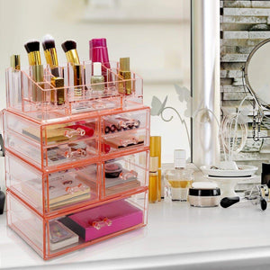 Selection sorbus acrylic cosmetics makeup and jewelry storage case display sets interlocking drawers to create your own specially designed makeup counter stackable and interchangeable pink 1