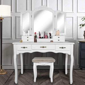Top vanity beauty station large tri folding necklace hooked mirrors 6 organization 7 drawers makeup dress table with cushioned stool set white