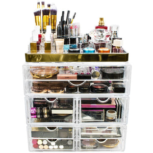 Top sorbus acrylic cosmetic makeup and jewelry storage case display with gold trim spacious design great for bathroom dresser vanity and countertop gold set 2