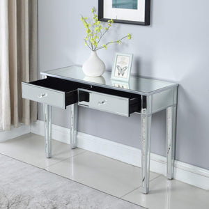Latest mirrored 2 drawer media console table ga home makeup table desk vanity for women home office writing desk smooth matte silver finish with faux crystal knobs