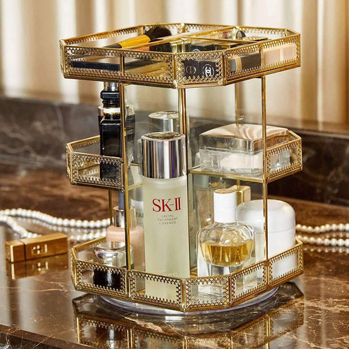 Latest putwo makeup organizer 360 degree rotating 3 layers large multi function makeup storage glass vintage cosmetic organizer for countertop bathroom dresser fits different types of cosmetics gold