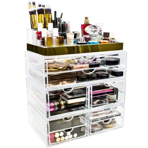 Amazon sorbus acrylic cosmetic makeup and jewelry storage case display with gold trim spacious design great for bathroom dresser vanity and countertop gold set 2