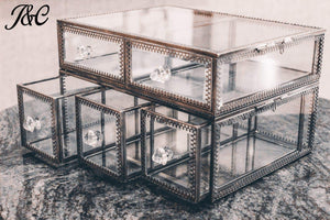 Storage antique large 4 tier clear glass with brass metal cosmetic makeup storage cube organizer with 6 drawers each of which can be used individually by jc 4set