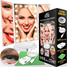 Load image into Gallery viewer, Latest lighted makeup mirror with lights makeup vanity mirror with lights and magnification make up mirrors lighted magnifying portable trifold cosmetic mirror with long 6 6ft usb cable and charger