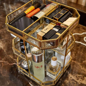 Order now putwo makeup organizer 360 degree rotating 3 layers large multi function makeup storage glass vintage cosmetic organizer for countertop bathroom dresser fits different types of cosmetics gold