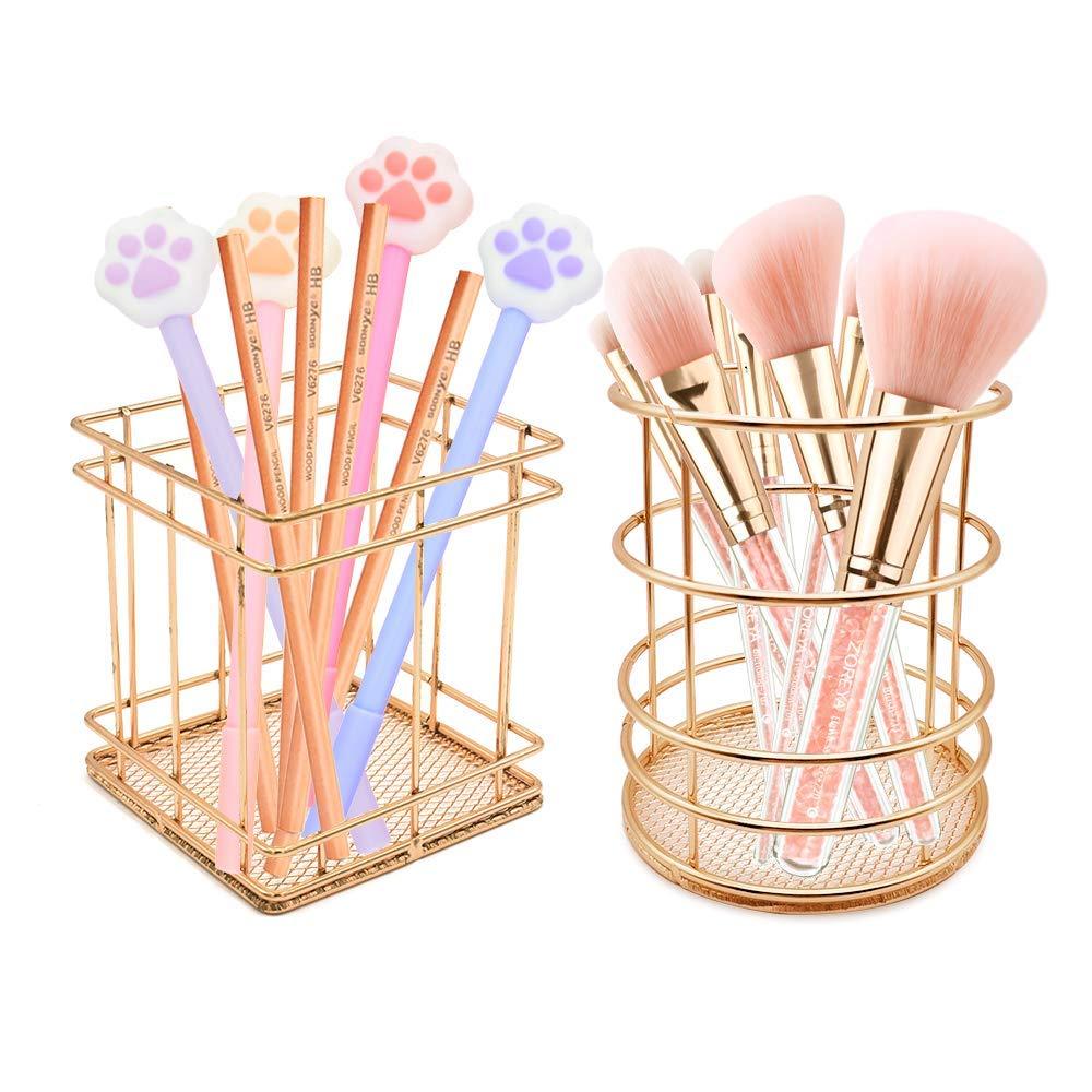 2 Pack Pencil Holder, Square+Round Iron Wire Metal Desktop Pencil Holder Stationary Makeup Organizer Holder for Office Home (Gold)