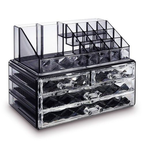 #COMS4496BK Jewelry and Makeup Organizer Two Pieces Set, Black Diamond Pattern