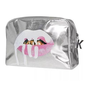 2018 Fashion Bling Bling Silver Lip PU Leather Toiletries Bag Zipper Storage Pouch Portable Women Travel Cosmetic Bag Kosmetikum